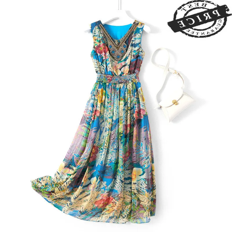 

100% Boho Beach Real Silk Dress Women Summer Dresses 2021 Slim Korean Long Evening Party Vestidos Vintage Floral Ropa Mujer a002