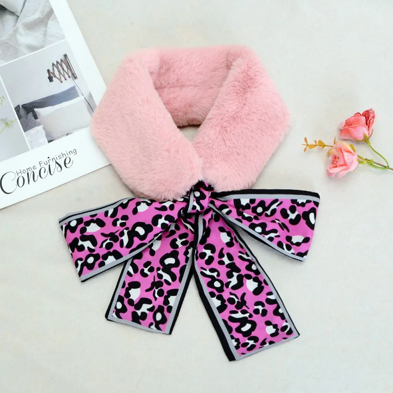Зимний плюшевый галстук шелковый леопардовый воротник с кроличьим мехом теплый