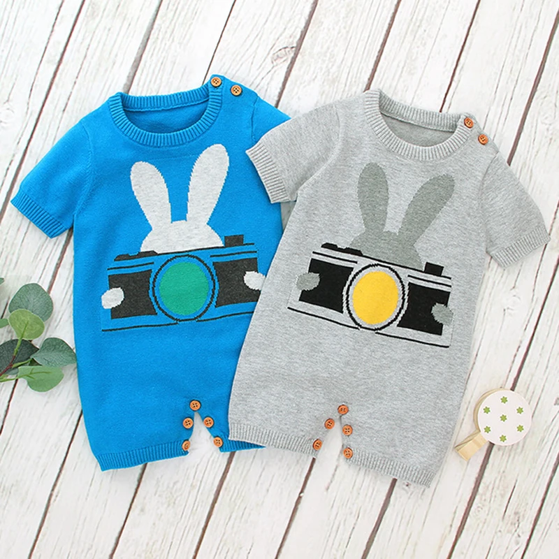 

2020 Infant Baby Rabbit Romper Newborn Baby Boy Girl Clothes Rompers Autumn Baby Boys Girls Short Sleeve Knitted Rompers