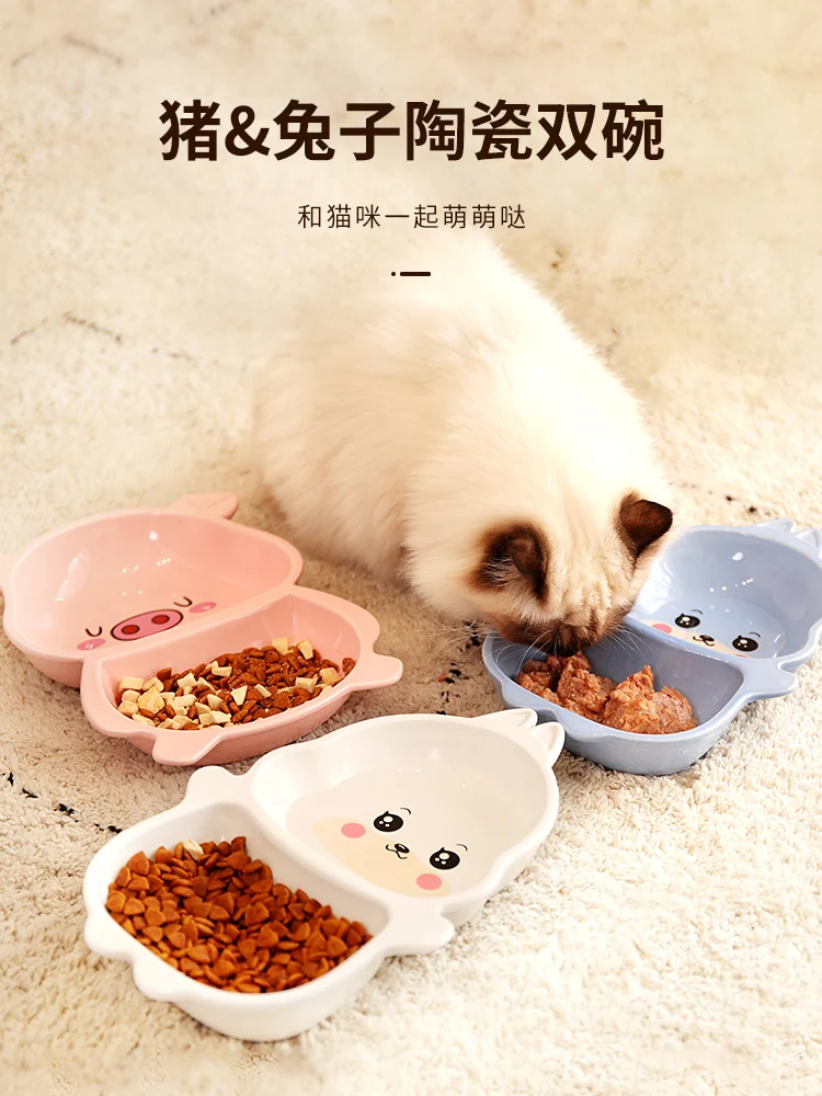 

Pet Cat Bowl Ceramic Double Bowl Dog Basin Dog Bowl Raw Flesh Plate Cat Food Bowl Drinking Water Integrated Anti-Tumble Cat