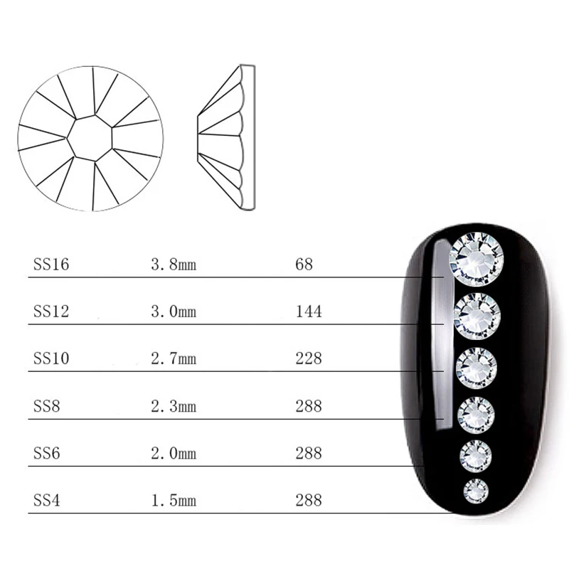 RBAN NAIL 3D Стразы для дизайна ногтей смешанные размеры AB цвета с плоским дном