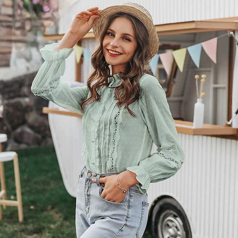 

Vintage hollow out female office ladies tops Holiday spring summer chic white blouse Casual lace long sleeve short tops