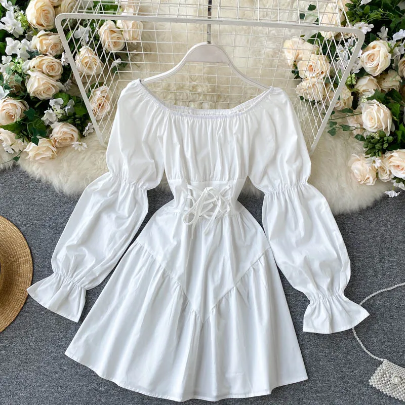 

Early Autumn Dress 2022 Retro Gothic Women White Black Bandage Mini Dress Sexy Off Shoulder Puff Sleeve Korean Vestidos