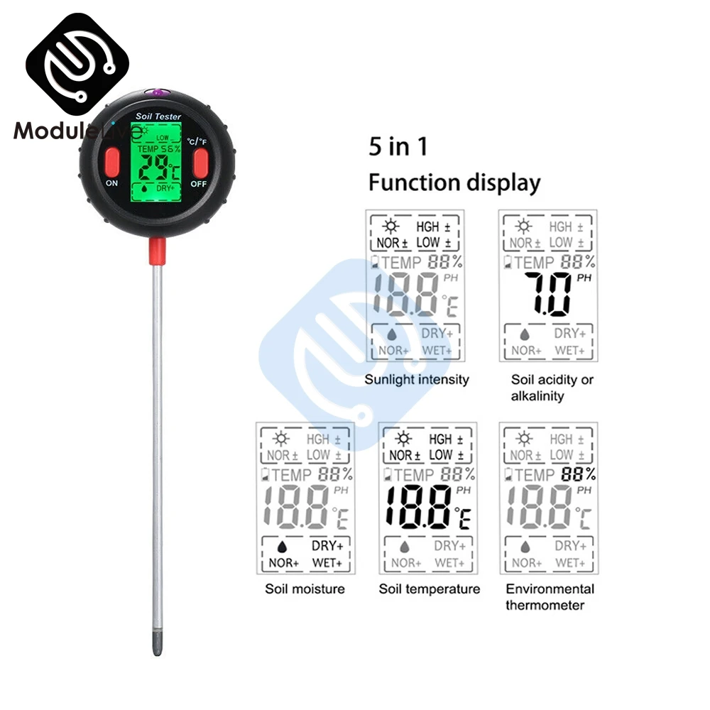 PH-метр 5 в 1 цифровой измеритель температуры и влажности почвы для садоводства |
