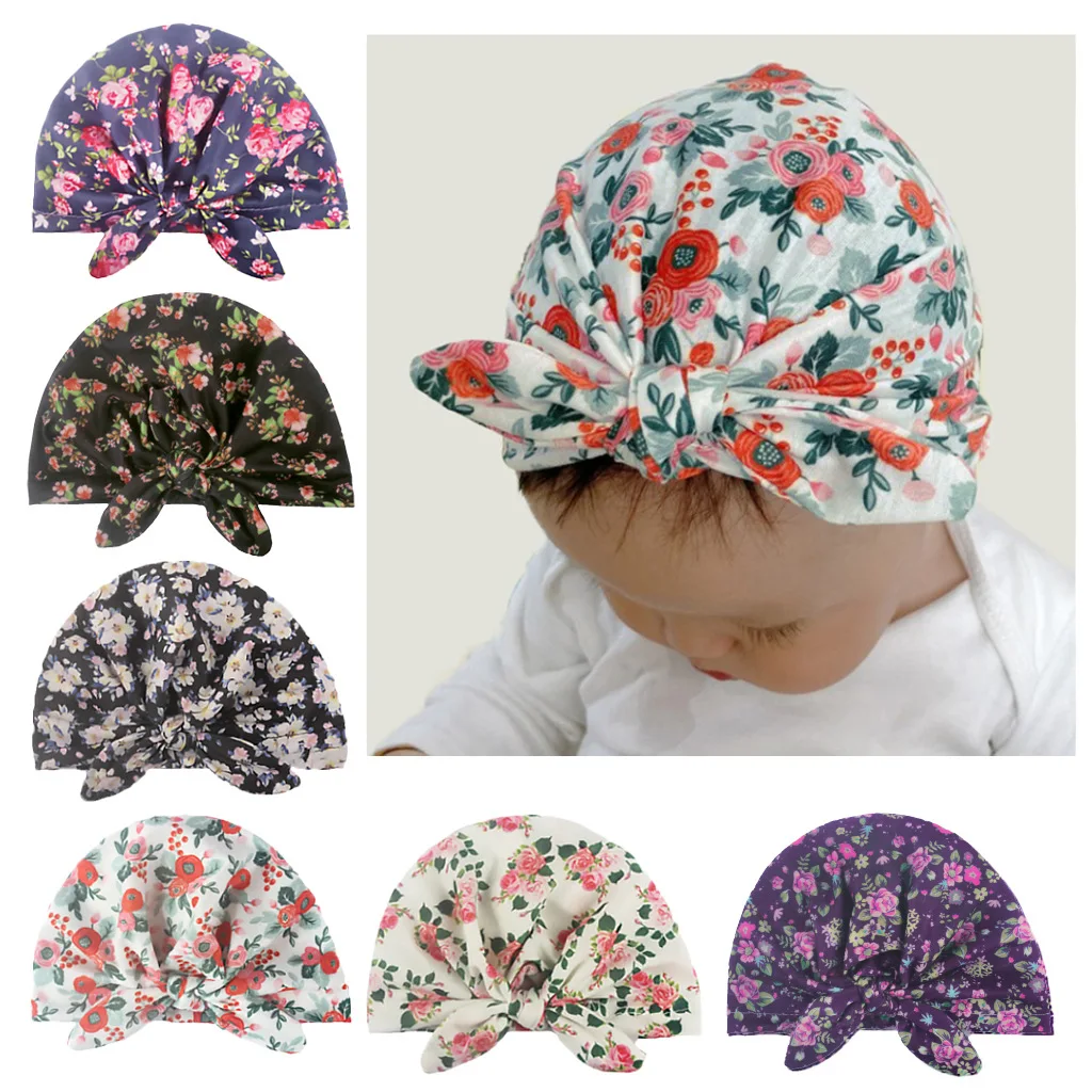 

Cute 1PCS Bohemia Style Printed Flower Indian Baby Hat Newborn Infant Kids Girls Turban Rabbit Bow Knot Beanie Caps Headwear