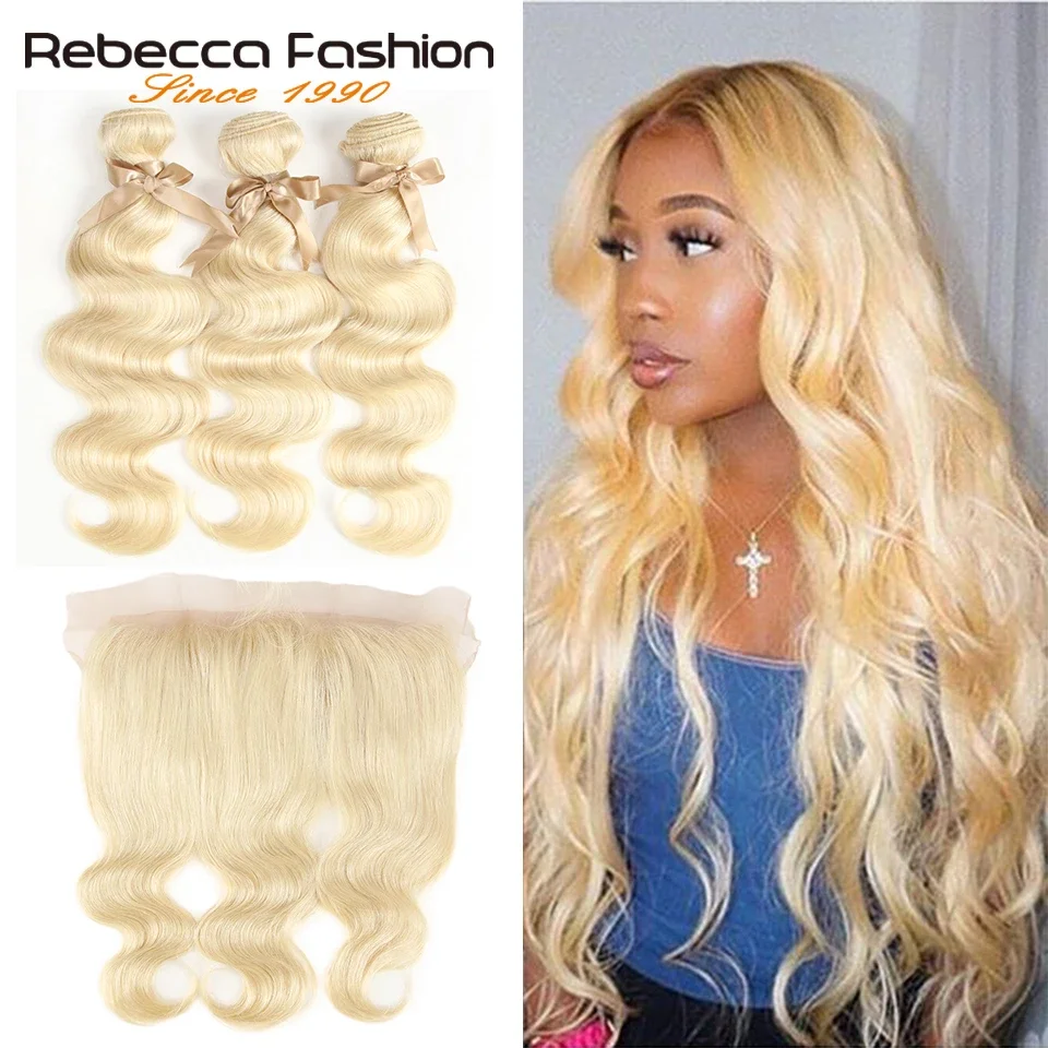 

Rebecca 613 Blonde Bundles With Frontal Brazilian Body Wave 3/4 Bundles Remy Blonde Human Hair Lace Frontal Closure With Bundle