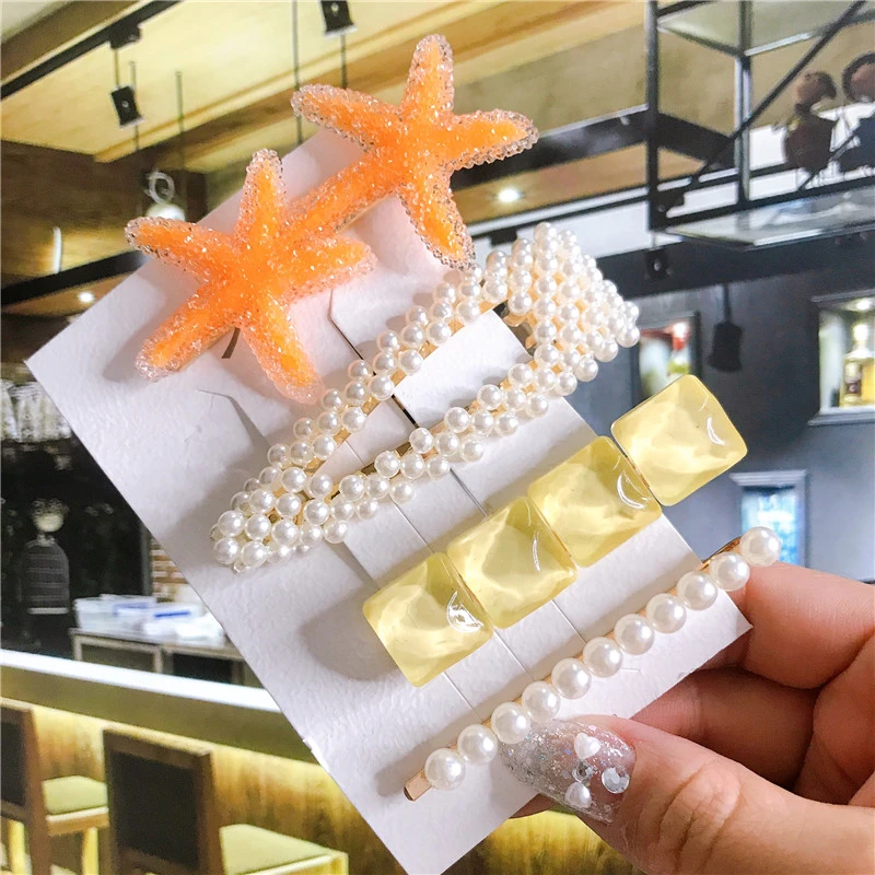 4/5/6pcs Hair Clips Set Big Starfish Simulated Pearl Acrylic Barrette Accessories For Women Geometric Girls Hairpin Jewelry |