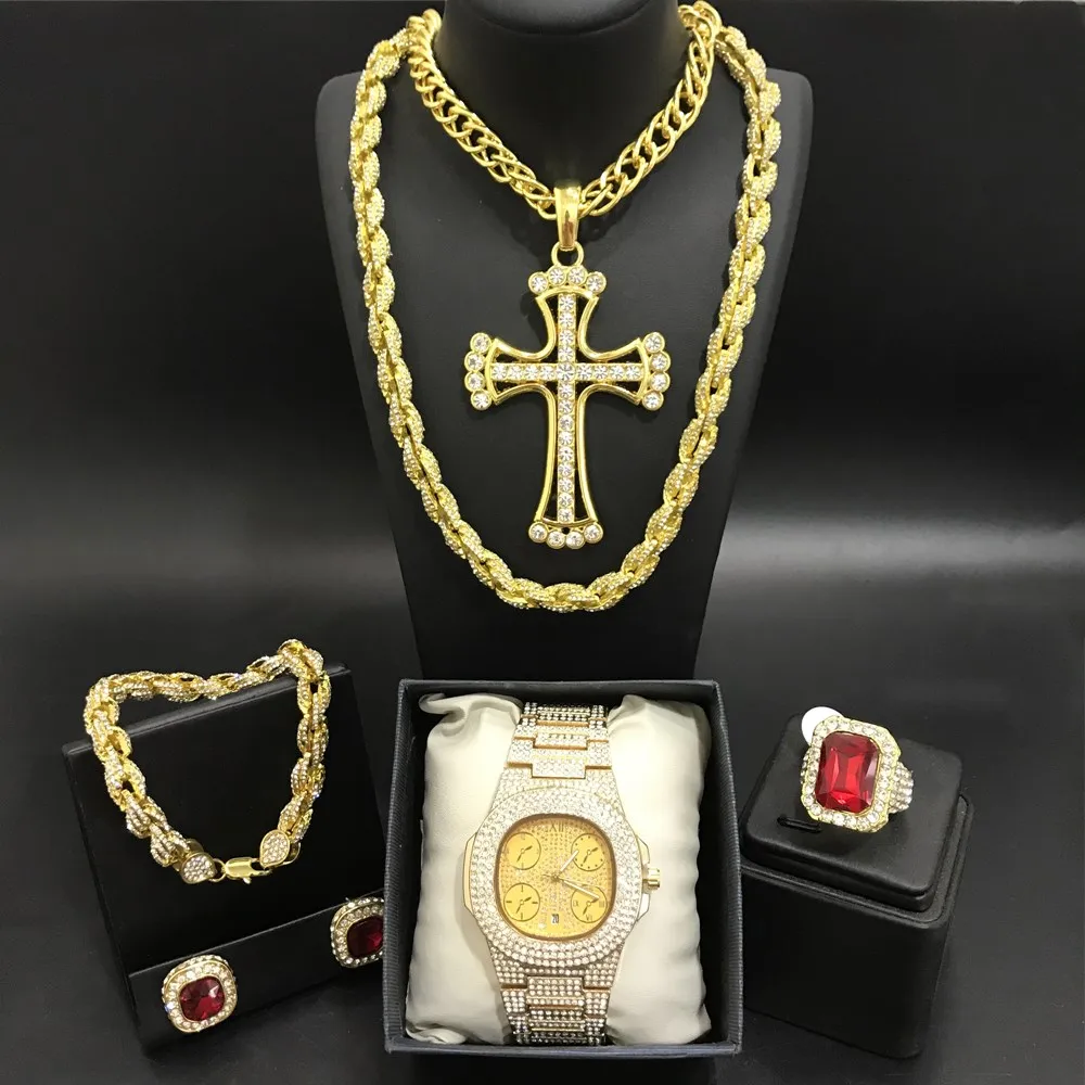 Роскошные мужские золотистые часы, ожерелье, браслеты, кольцо и серьги, комбинированные часы, ледяной кубинский кристалл, цепочка для мужчи...