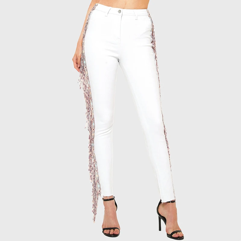 

Stretch Jeans Women Tassel Denim Pants Sequin Fashion Club Leggings Bodycon Female Pencil Trousers Slim Plus Size 3xl White
