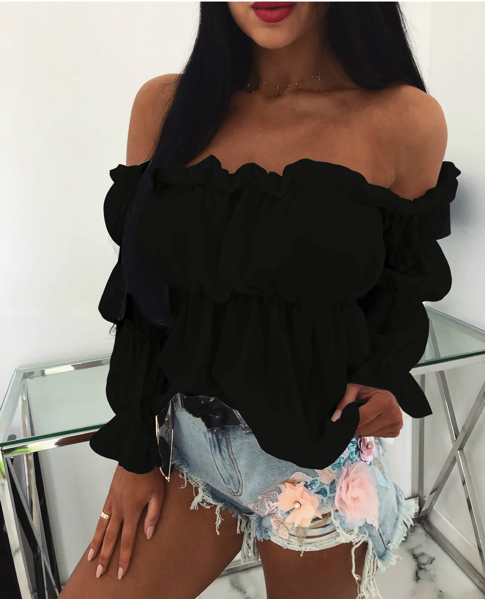 2019 пикантные Женские топы и блузки одноцветные с открытыми плечами длинным