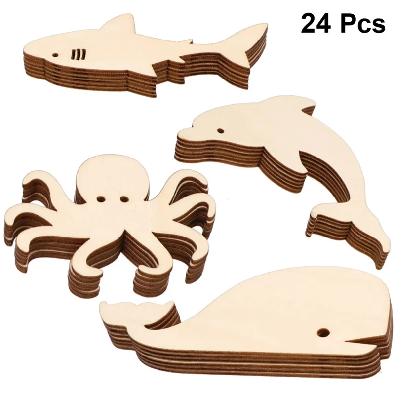 

24Pcs Of 4 Style Adorable Marine Animals Pieces Wooden Button Home DIY Wood Slice Decorative (Octopus +Whale +Shar)