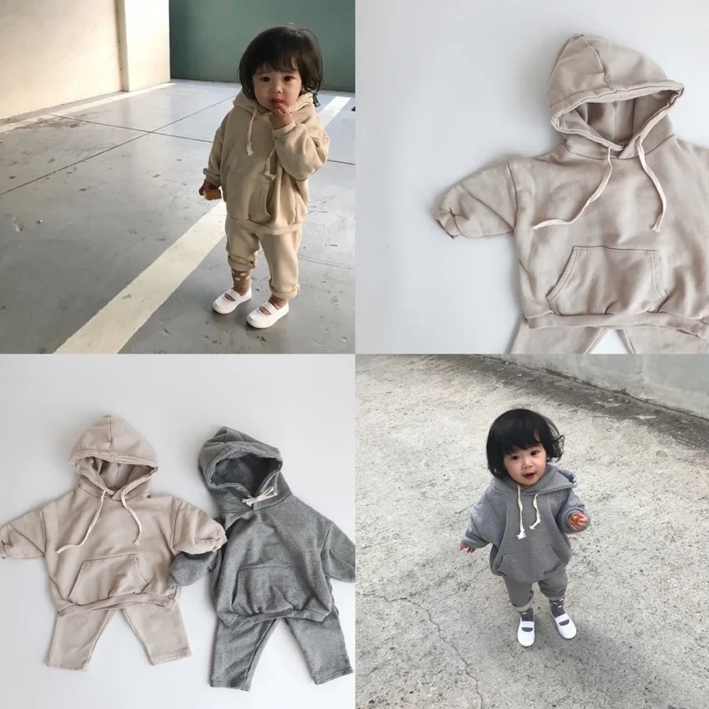 

autumn winter new children Grey apricot hooded fleece sweatshirt and pants two piece set