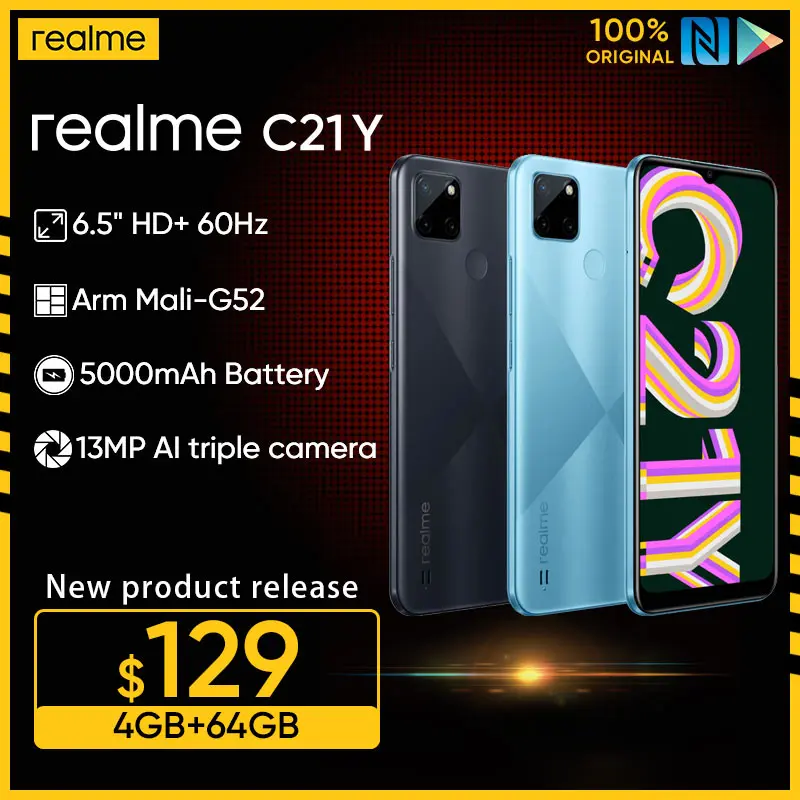 Смартфон realme C21Y, 4 + 64 ГБ, 8 ядер, 6,5 дюйма, 5000 мА ч