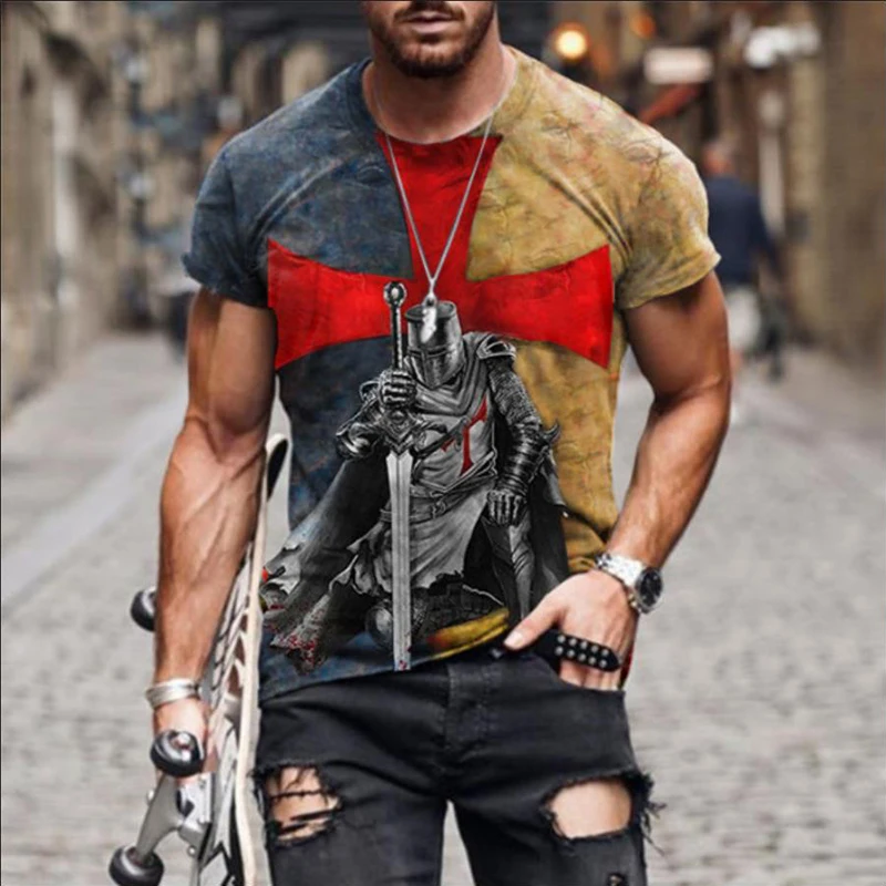 

Men's Retro Casual Short Sleeve Casual T-shirt 2021 Summer Round Neck Knight Print Pullover Oversized Loose Tops