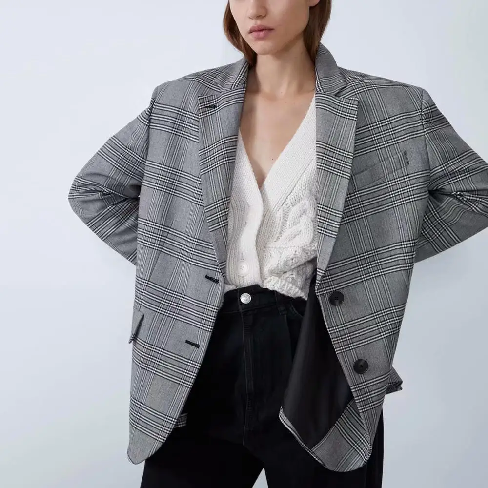 2019 ZA Winter Jacket Women Loose Plaid Blazer Coat Fashion Casual Long Sleeve Turn Down Collar Single Breasted Suit Jackets | Женская
