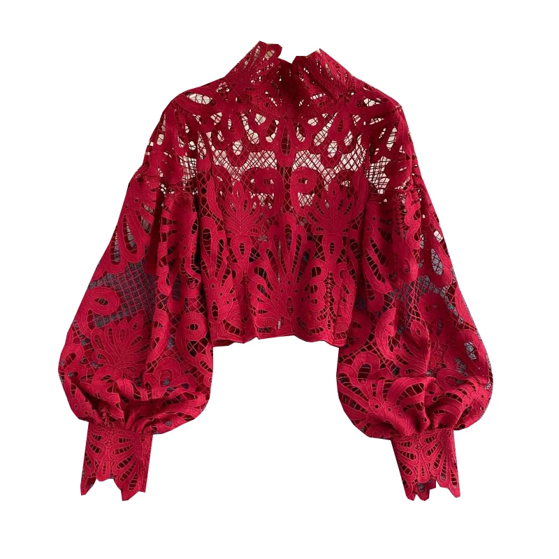 

2021 New Lace Sexy Hollow Out Stand Collar Shirt Solid Color 2021 All-match Zip Femme Blusas Chic Lantern Sleeve Women Blouses
