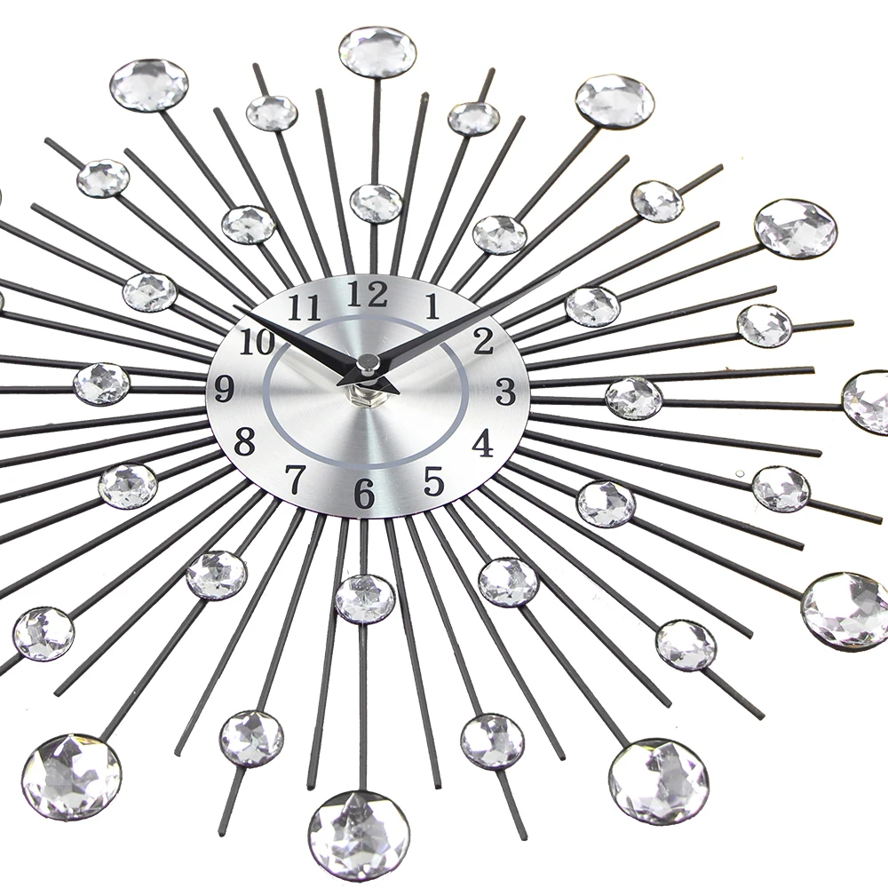 

13-inch Wall Clock Silver Crystal Sunburst Metal Wall Clocks Original Vintage Metal Home Decor Clock 3D Modern Design for Living