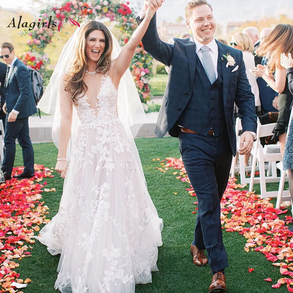 

Роскошные свадебные платья с вышивкой и глубоким V-образным вырезом, иллюзионное свадебное платье без рукавов, Элегантное Длинное платье со шлейфом, Robe de mariee