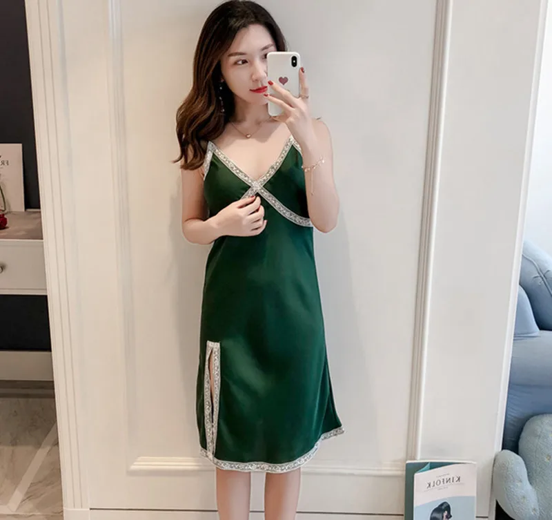 

Bridal Wedding Spaghetti Strap Nightgown Lady Sexy Nightdress Satin Lace Sleepwear Nightie Silky Intimate Lingerie Home Clothing