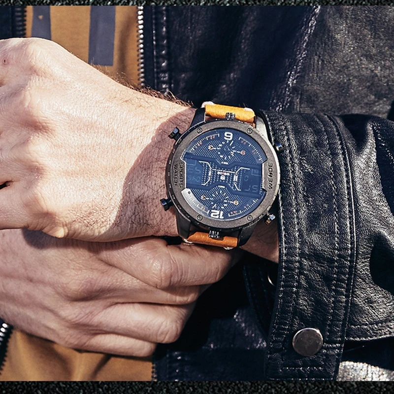 Weide кварцевые мужские наручные часы с кожаным ремешком водонепроницаемые черные