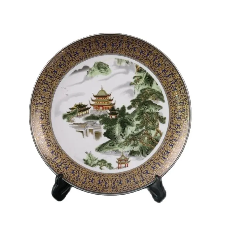 

Китайская старая позолоченная фарфоровая тарелка с пастельным ландшафтным узором