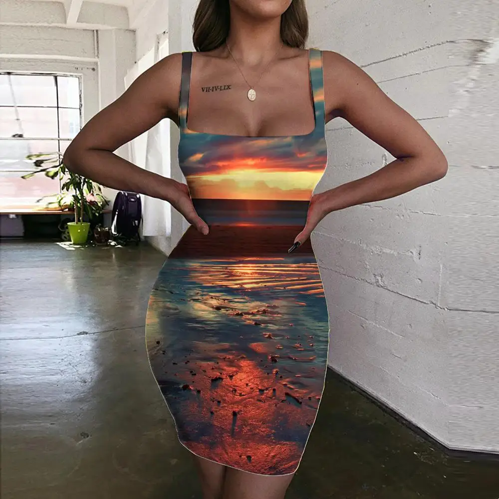 

KYKU Brand Landscape Dress Women Ocean Sundress Cloud Halter Sleeveless Sunset Glow 3d Print Womens Clothing Summer Vintage