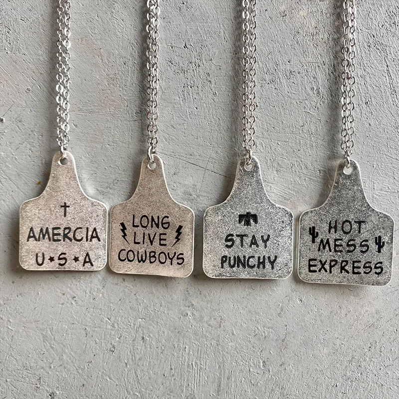 Western Jewelry USA LONG LIVE COW BOYS STAY PUNCHY HOT MESS EXPRESS Print Cow Tag Pendant Necklaces Gift for Cowgirl Cowboy