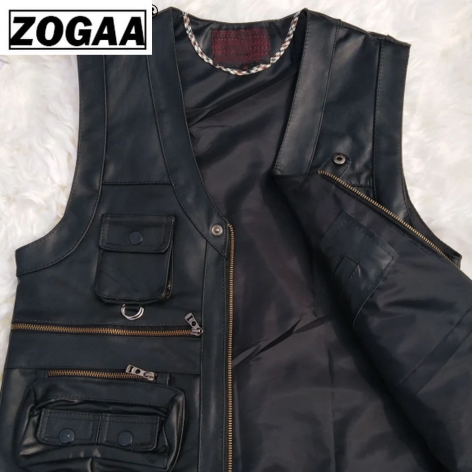 

ZOGAA Multi Pocket Vest Men Black Photography Vests Genuine Leather Motorcycle Biker Waistcoat Male Autumn Sleeveless Jacket Men