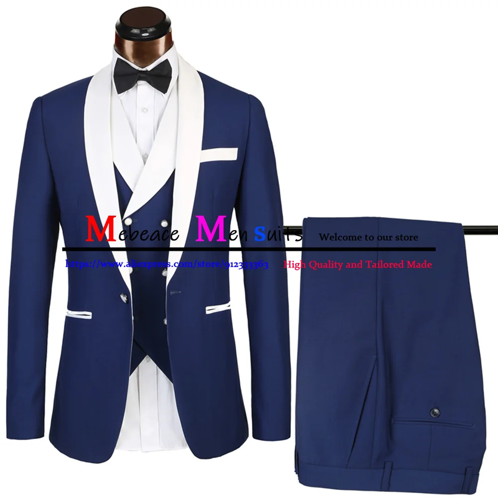 

Элегантный темно-синий мужской Костюм приталенный белый свадебный костюм для жениха с отложным воротником смокинг лучший мужской блейзер 3 предмета (пиджак + брюки + жилет)