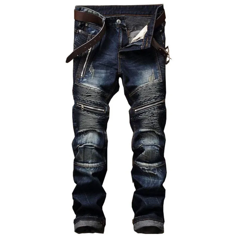 

Vintage Denim Pants Men Draped Plated Biker Trouser Man Quality Brand Jeans Male Slim Streetwear Hiphop 2023 Spring Autumn