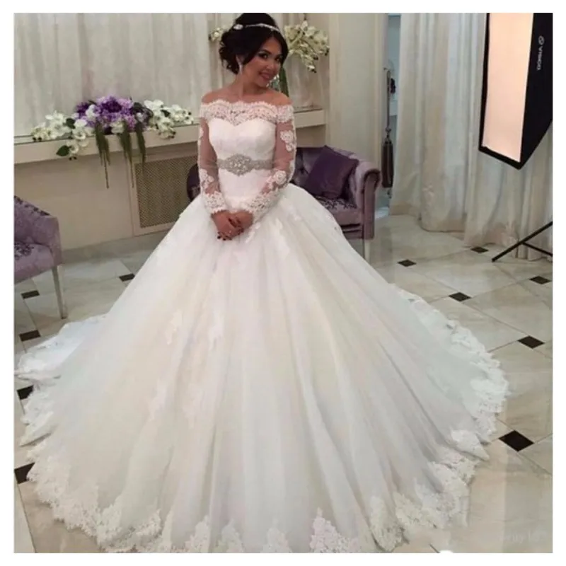 

E JUE SHUNG Off the Shoulder Ball Gowns Weeding Dresses Long Sleeve Saudi Arabia Lace Appliques Crystal Sash Button Bride Gowns