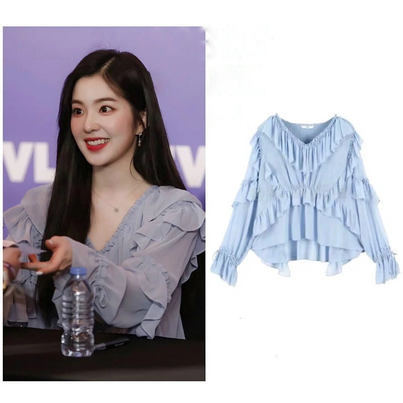 Kpop Korean Celebrity Summer new Slim V-neck Ruffles Chiffon Shirt Women Streetwear Wild Solid color Tops Long Sleeved Blouses