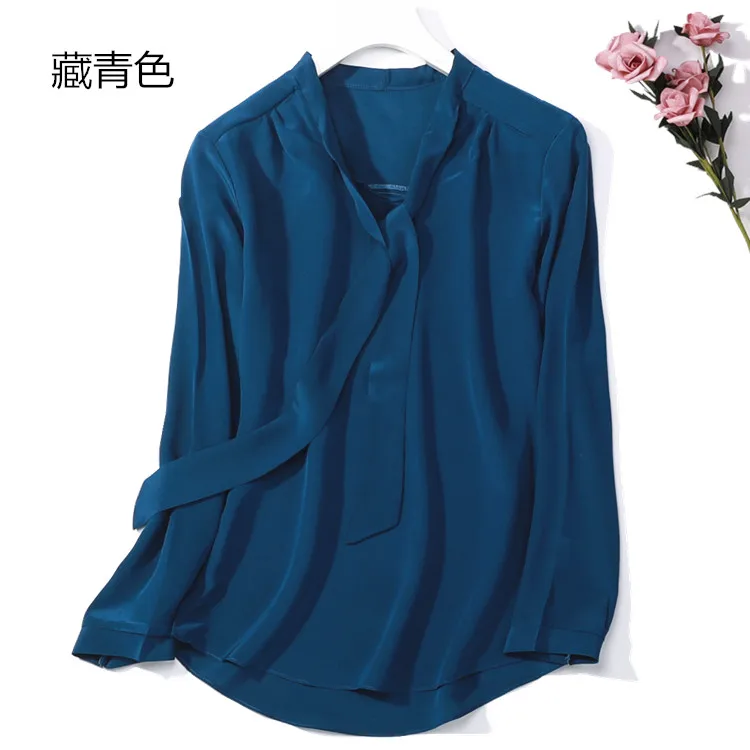navy blue Женский Одноцветный галстук из чистого шелка, рубашка с воротником-бабочкой, топ, блузка в 10 цветах, JN009 - Цвет: navy blue