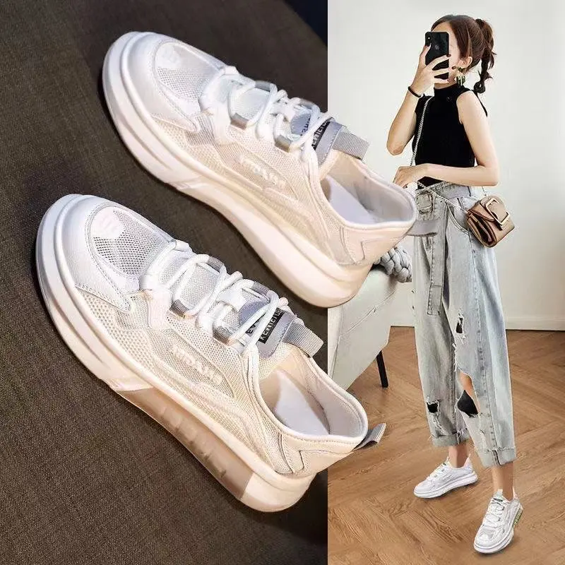 

Spring New White Shoes Real Soft Leather Mesh Breathable Non-slip Lightweight All-match Casual Sports Shoes Women Shoes