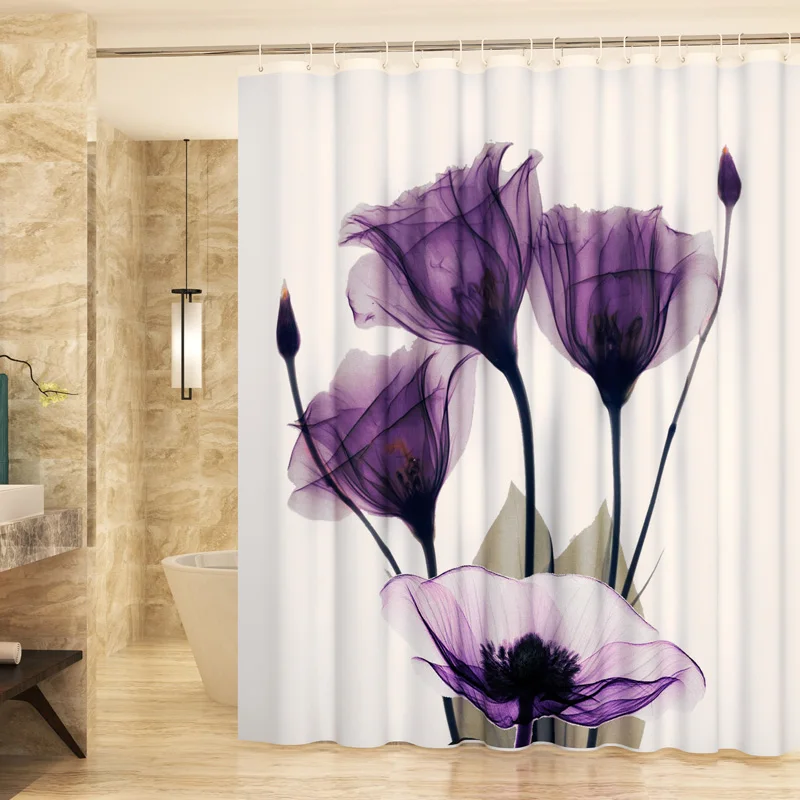 3D Purple Tulip Flower Printed Bathroom Curtain Polyester Waterproof Home Decor With Hook 180x200cm | Дом и сад