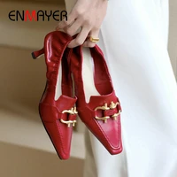 enmayer 2020 slip on mules elegant wedding shoes genuine leather square toe thin heels metal decoration pumps women shoes 34 39