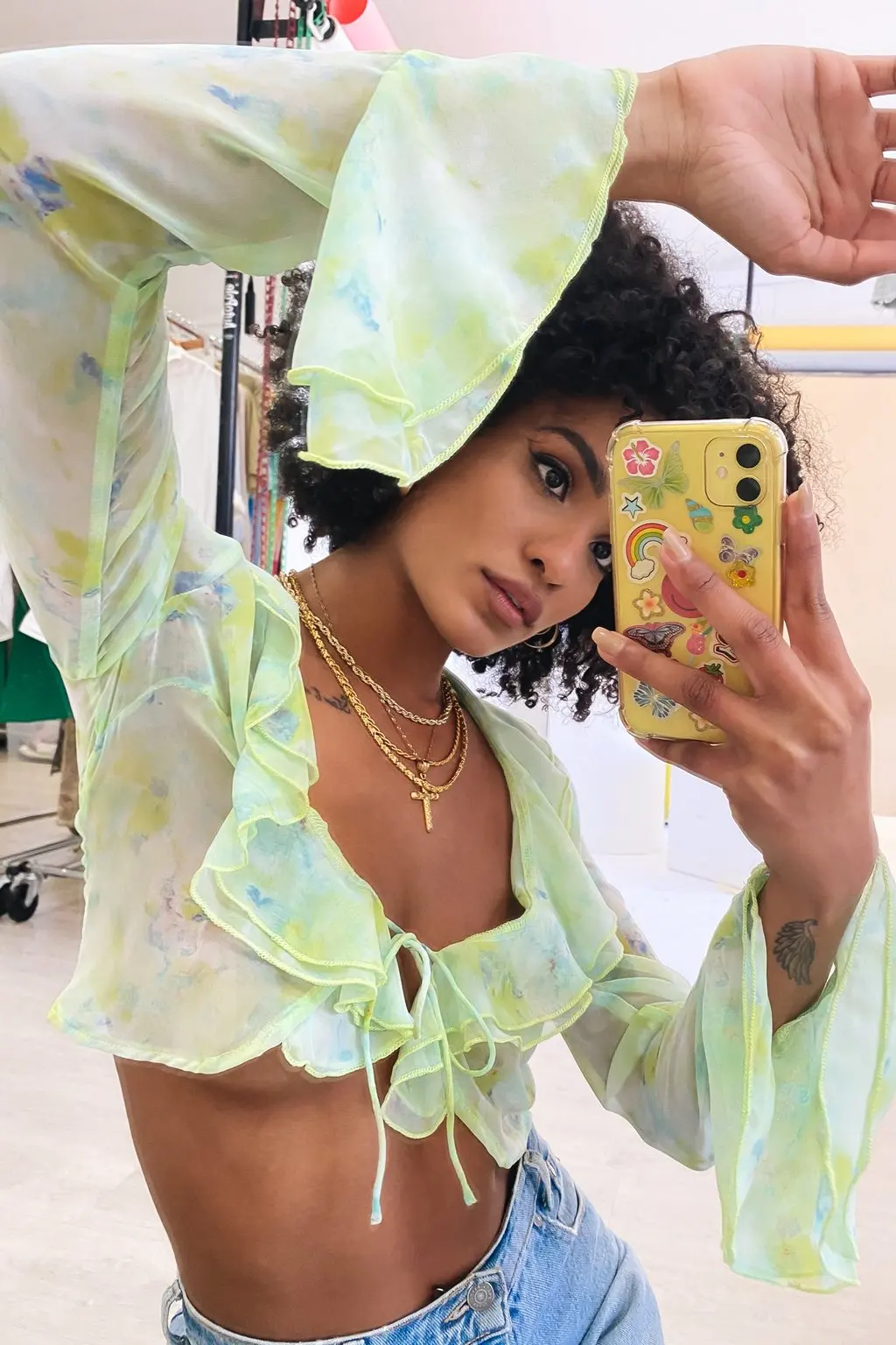 Женская блузка с длинным рукавом и рюшами летняя одежда принтом из сетчатой