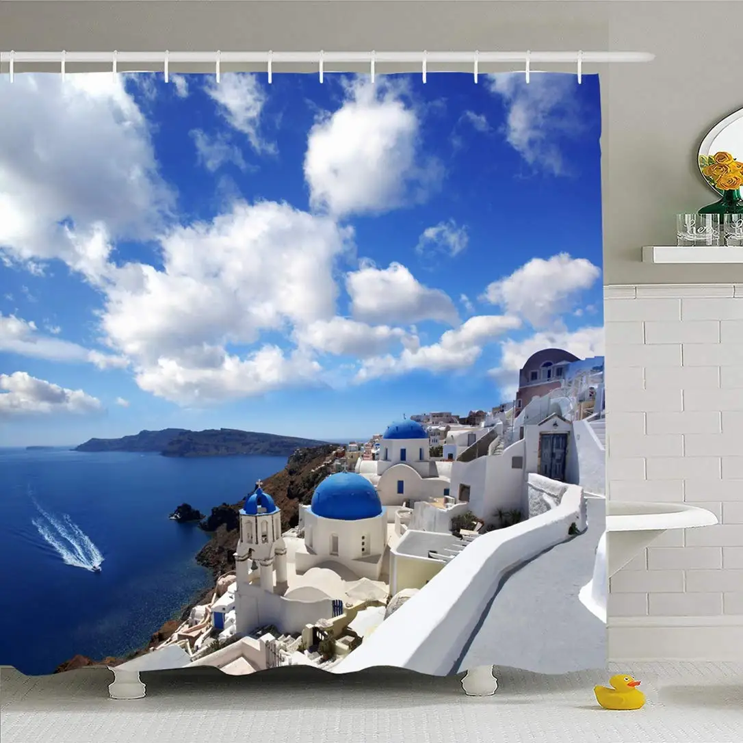 

Shower Curtain Set with Hooks 60x72 Resort Amazing Sunset Holiday Dome Bell Santorini View Greece Landmarks Parks indoor Mill