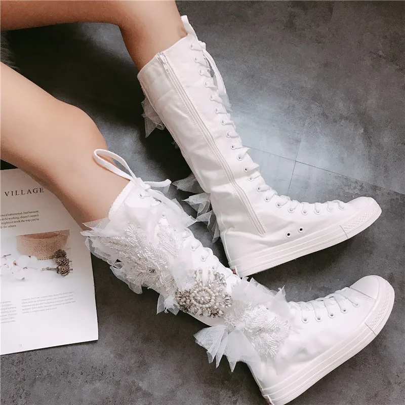 

Autumn and winter long belt women's canvas shoes super cool 100 legs thin heavy drill tie down women's boots