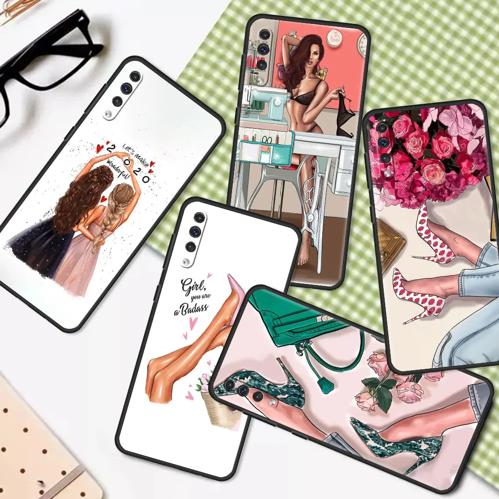 

Fashion High Heels Girl Flower Case For Samsung Galaxy A50 A70 A10 M51 A30 A20s A20e A10s A40 A90 5G M31 M30s Black Phone Coque