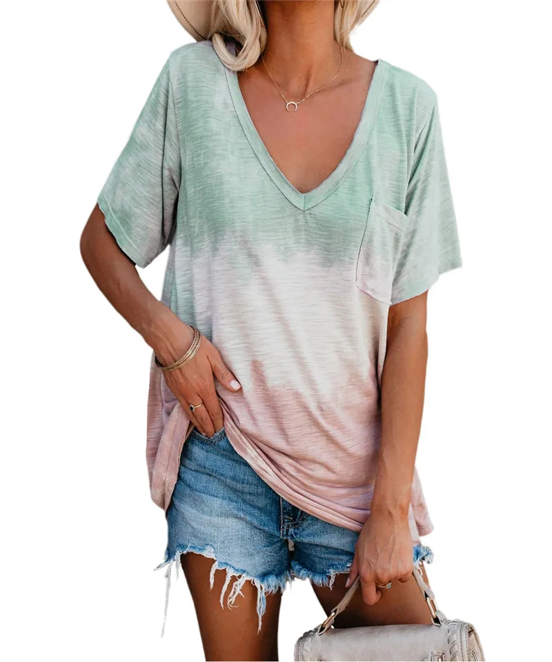 

Short Sleeve Pocket Women Casual T-Shirts Street Gradient Print Tee Summer Loose Tops Oversized V-Neck Lady T-Shirt Big Size 5XL