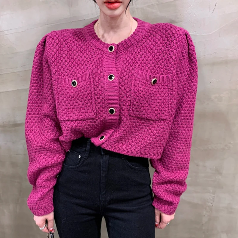 

2021 Winter Clothes Korean Fashion Coat Knitted Cropped Cardigan Sweater Woman Pockets Singel Bredsted O Neck All-match Jackets