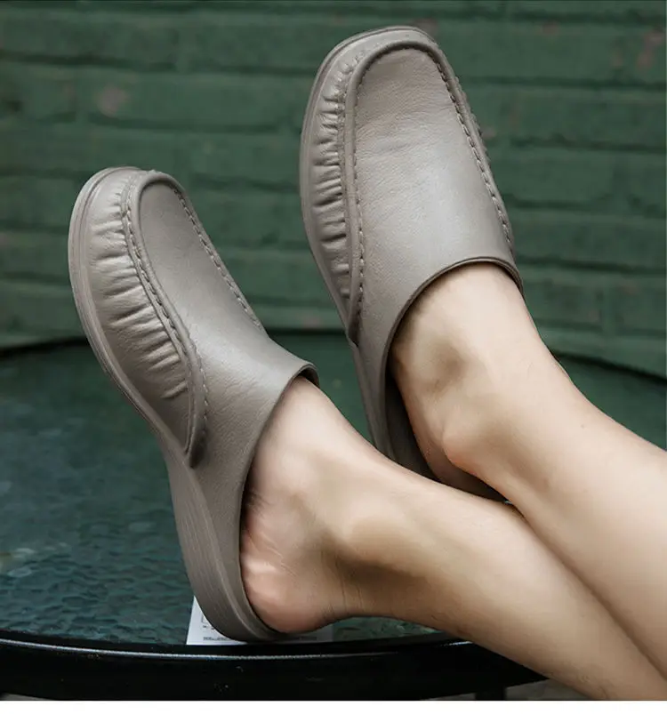 

Big Size 46 47 Male Slippers Outdoor Slides Men's Leather Waterproof Oil-proof Mules Shoes for Boys Non-slip Half Loafers Black