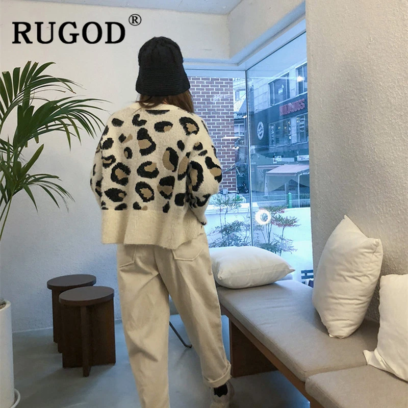 Женский кашемировый кардиган RUGOD вязаный с длинным рукавом и леопардовым принтом