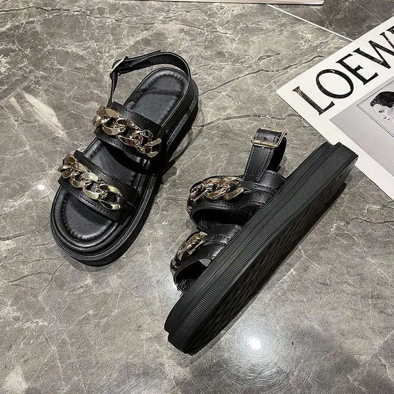 

Women Chains Ankle Strap Sandals Shoes Platform Round Toe Thick Buttom Flats Ladies Buckle Casual Beach Fashion Female Footwear