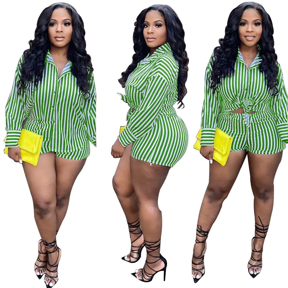 2022 Summer Women Striped Two Piece Set Shirt And Short Pants Tracksuit Streetwear Clothes For Women Outfit