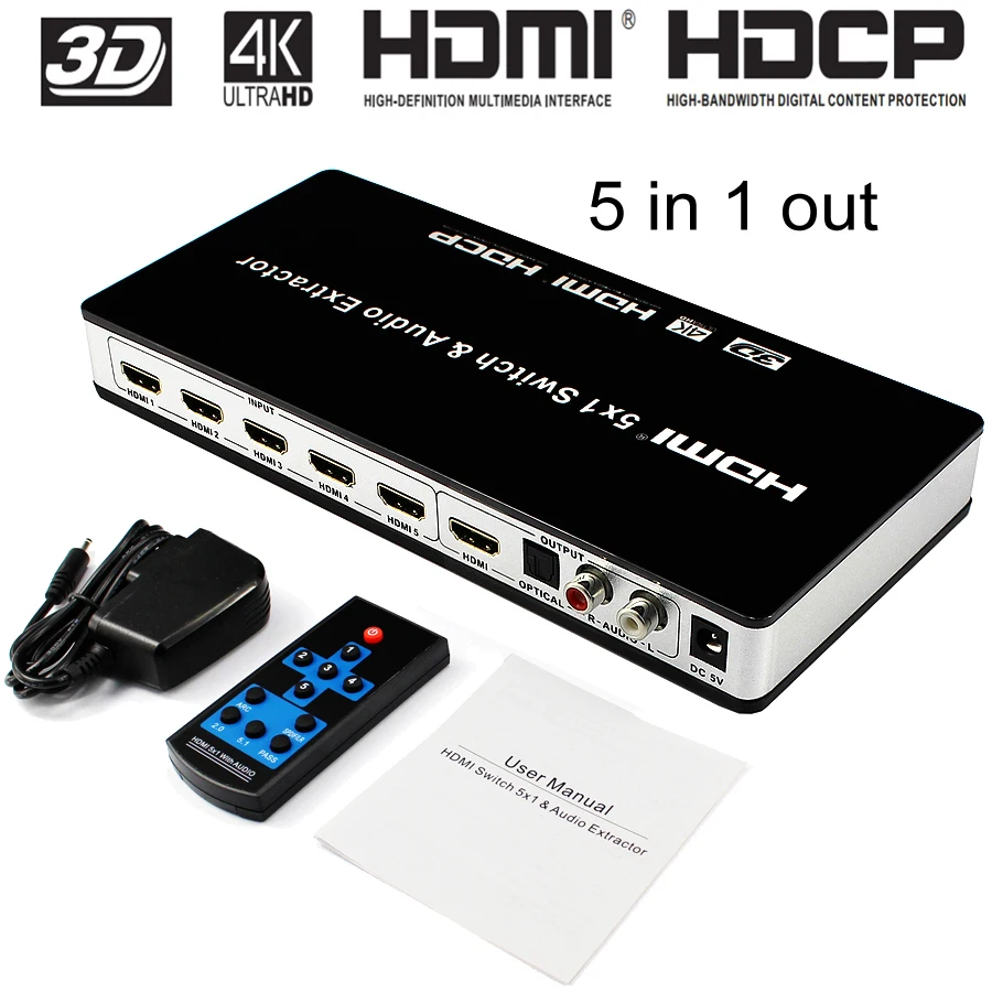 

4K HDMI переключатель с адаптером питания 5x1 HDMI переключатель аудио экстрактор 4K x 2K 3D видео конвертер для PS3 PS4 PS5 DVD PC to TV HD TV