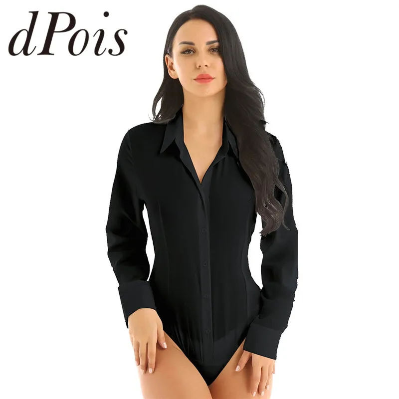 Пикантное Женское боди с отложным воротником на пуговицах длинным рукавом