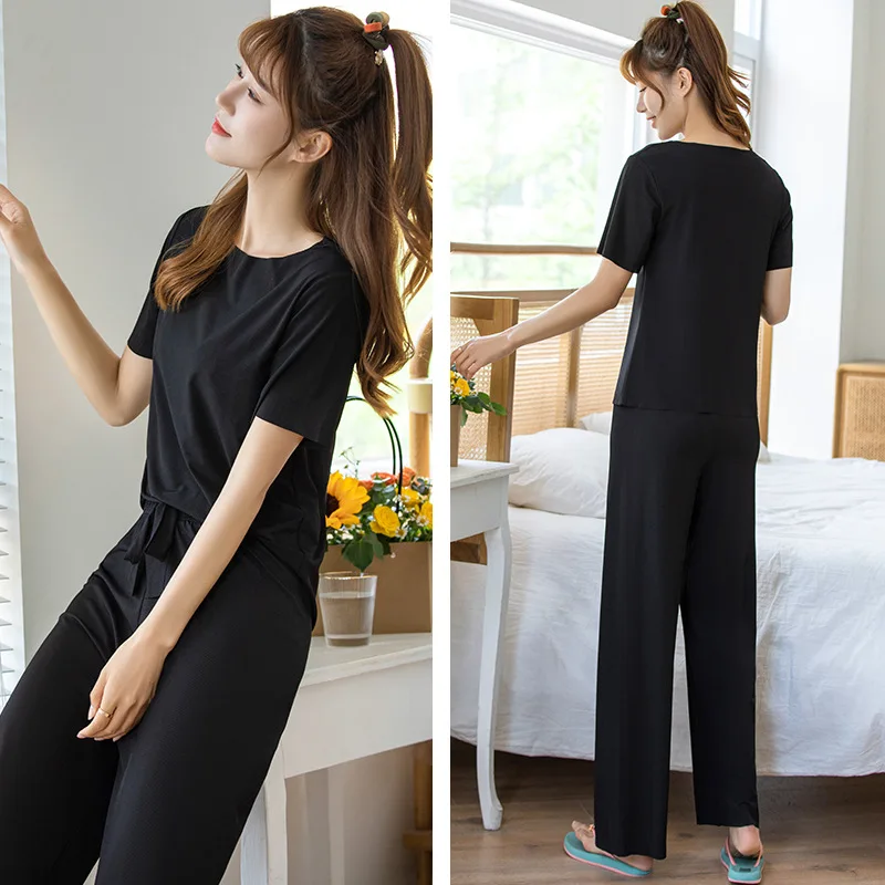 Short Sleeve Trousers Pajamas Women's Solid Color Suit Loose Ice Silk Home Clothes Lady Nightgown Female Sleepwear Sleeping Wear