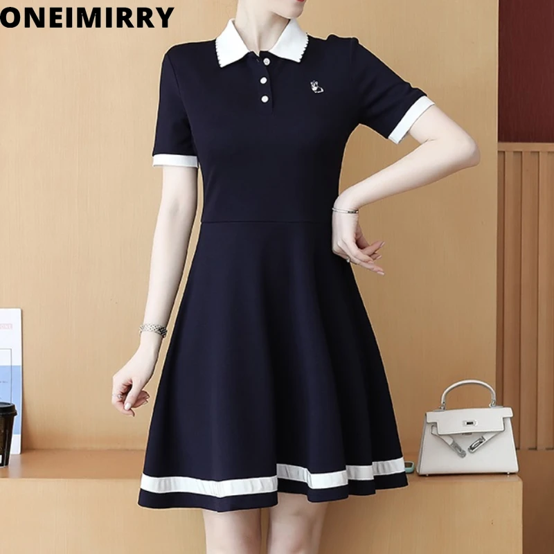 

Cotton High Waist Dress Women Summer 2021 Fashion Embroidery Striped Polo Collar Short Sleeves Slim Casual Female Dresses New